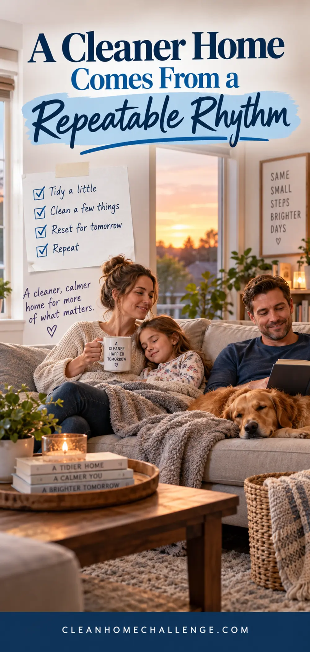 Family relaxing together in a comfortably tidy, lived-in room after completing a short reset.