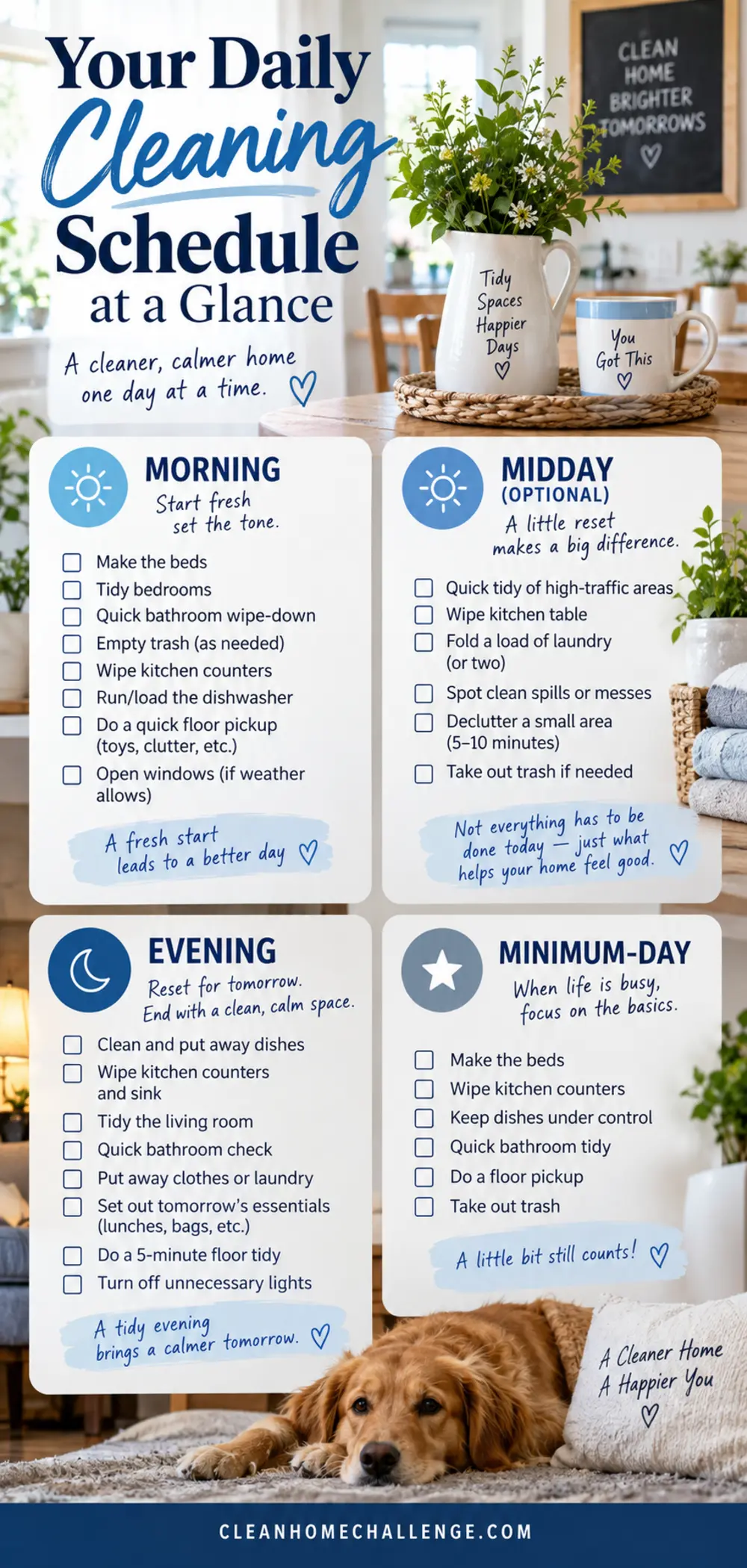 Visual daily cleaning timetable divided into morning, optional midday, evening and minimum-day routines.