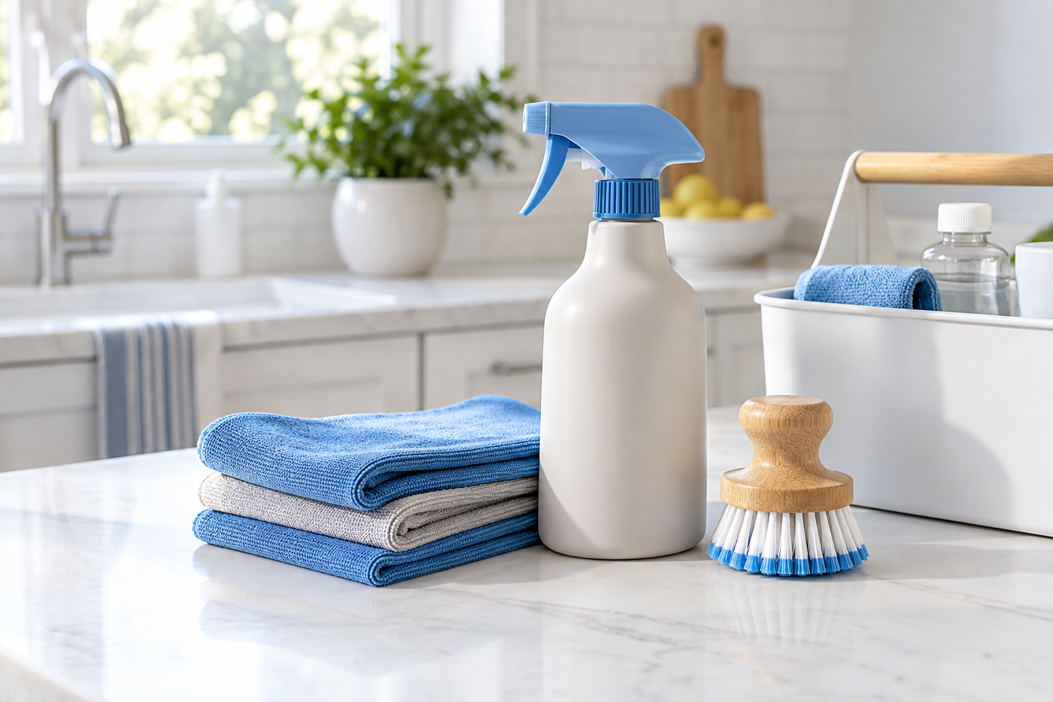 Everyday cleaning essentials arranged on a bright kitchen bench