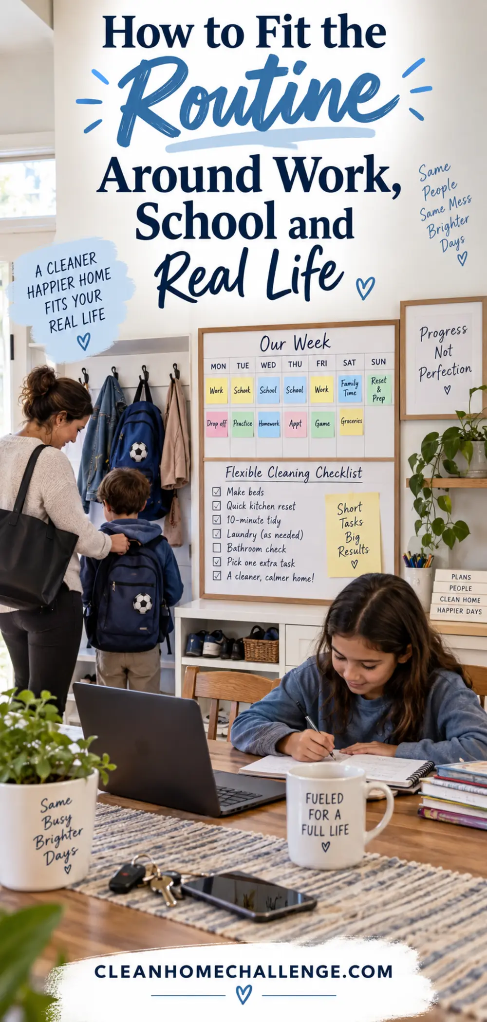 Family command center with work bag, school bags, weekly calendar and flexible cleaning checklist.