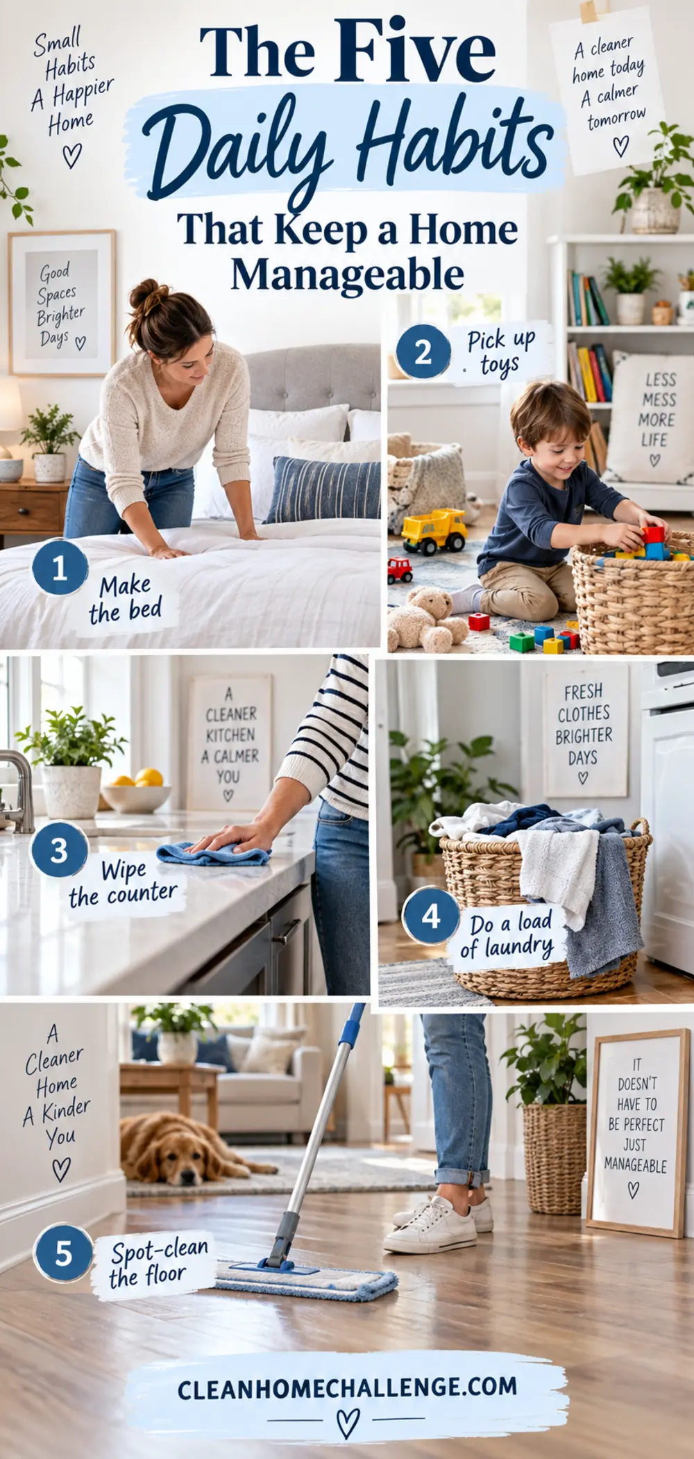 Five-panel cleaning guide showing a bed, toy pickup, wiped counter, laundry basket and spot-cleaned floor.