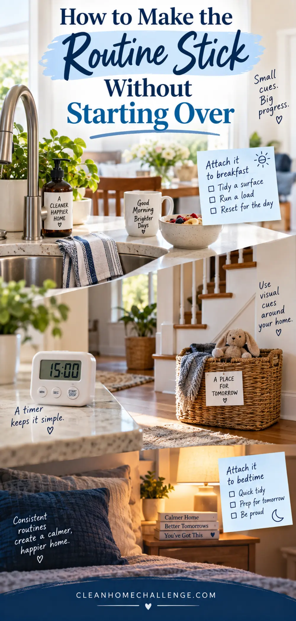 Cleaning cloth by the sink, pickup basket near the stairs, timer and short habit checklist.