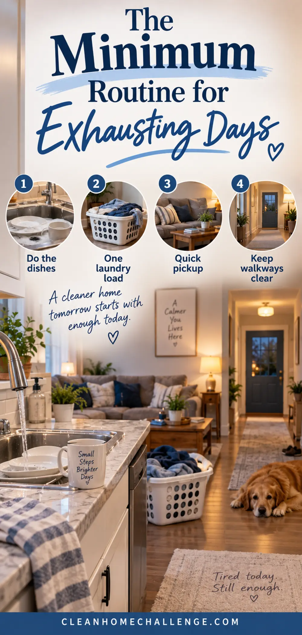 Four-step minimum cleaning guide showing dishes, laundry, a quick pickup and a clear hallway.