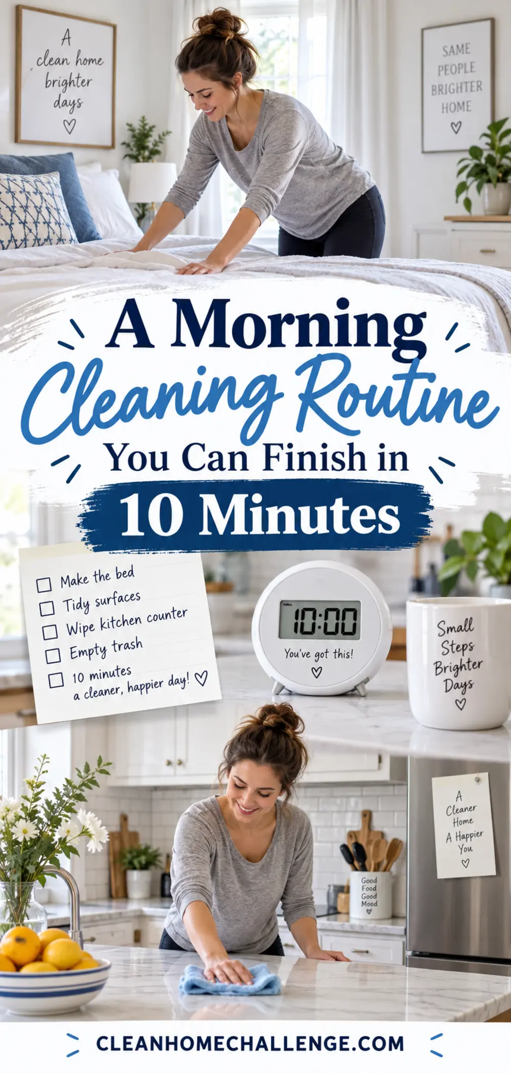Mum making a bed and wiping a kitchen counter beside a 10-minute timer and short checklist.