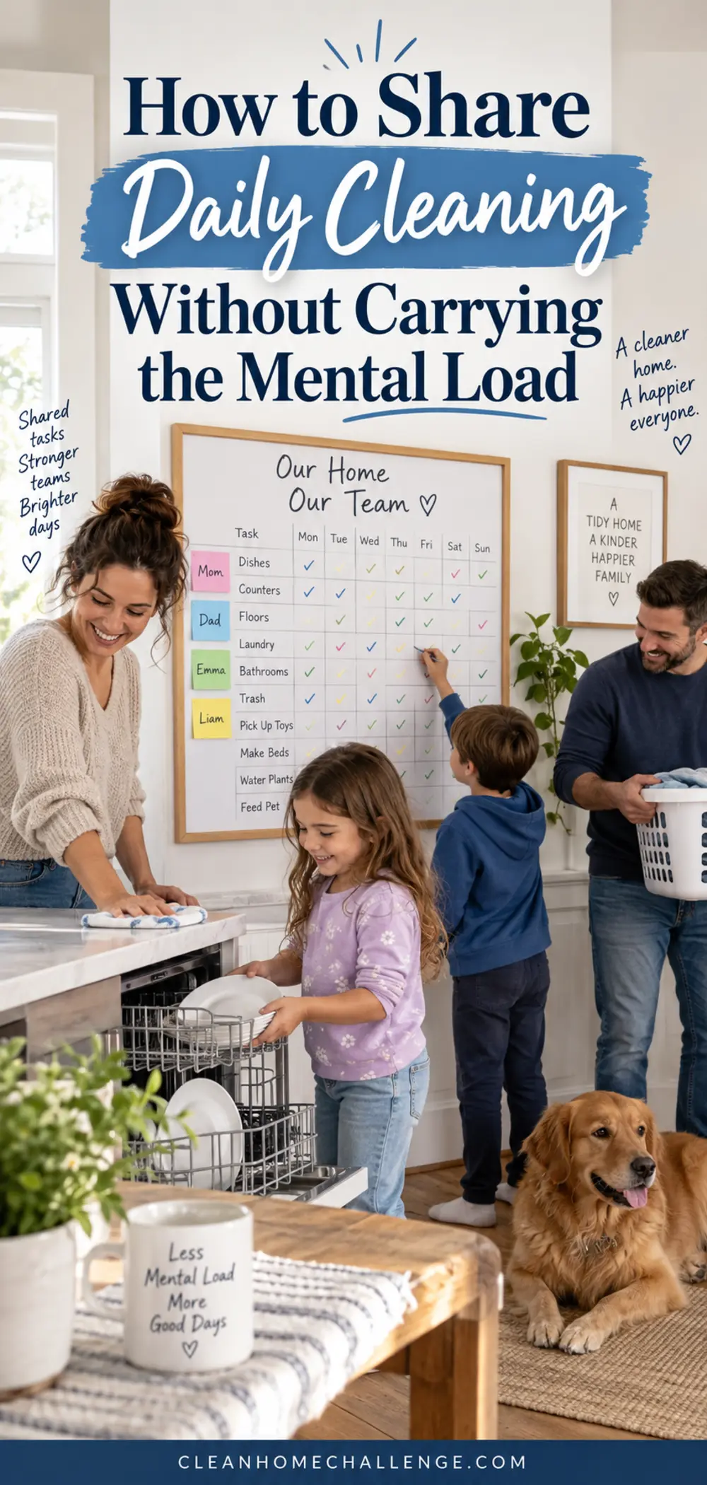 Family completing small household tasks together beside a simple shared responsibility board.