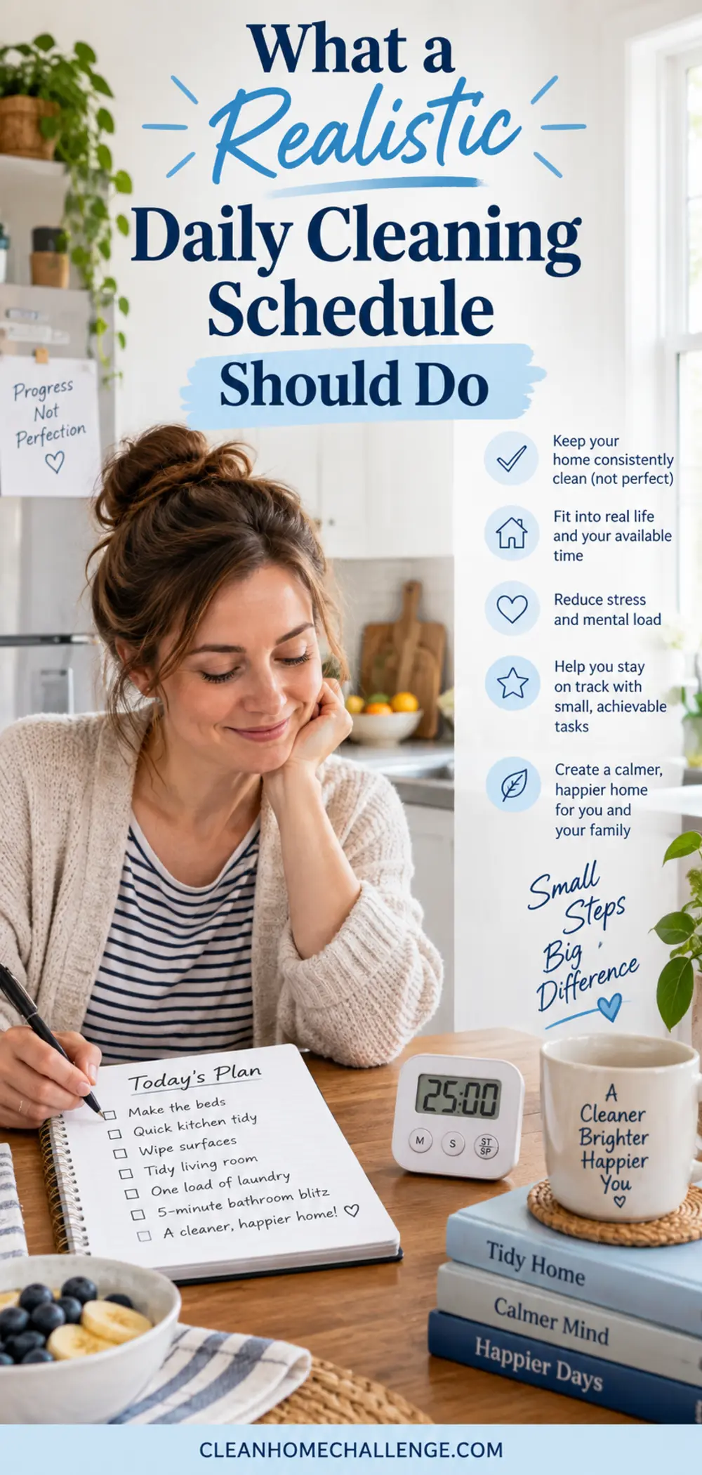 Busy mum writing a short daily cleaning plan beside a timer in a bright family kitchen.