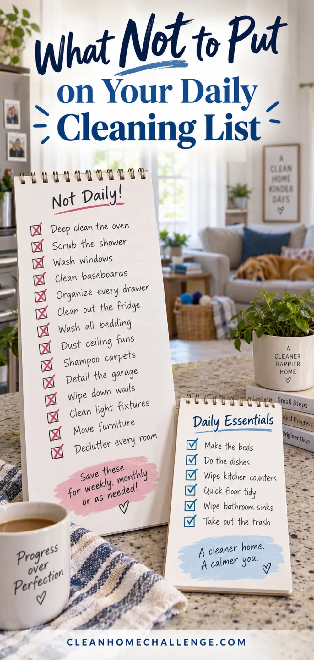 Long deep-cleaning checklist crossed out beside a short daily essentials list in a family home.